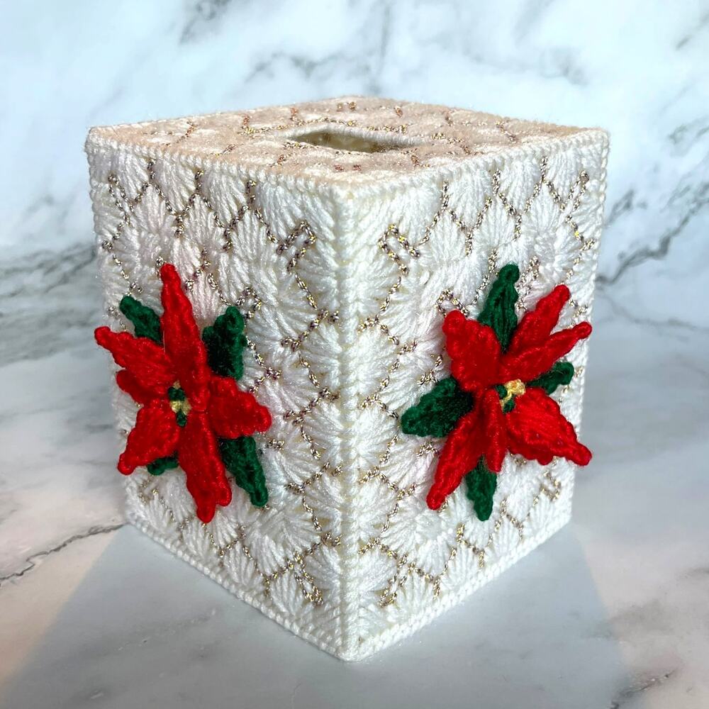 Vintage Christmas Poinsettia Canvas Tissue Box Cover Handmade Needlepoint